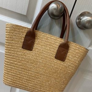 Eddie Bauer straw handbag, blue gingham interior